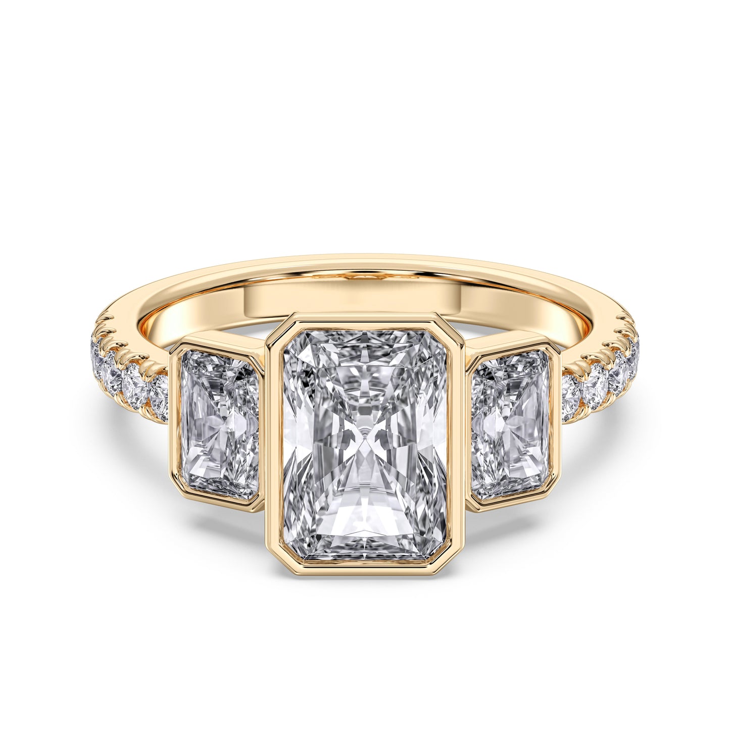 RADIANT 3 STONE BEZEL WITH SIDE STONE RING