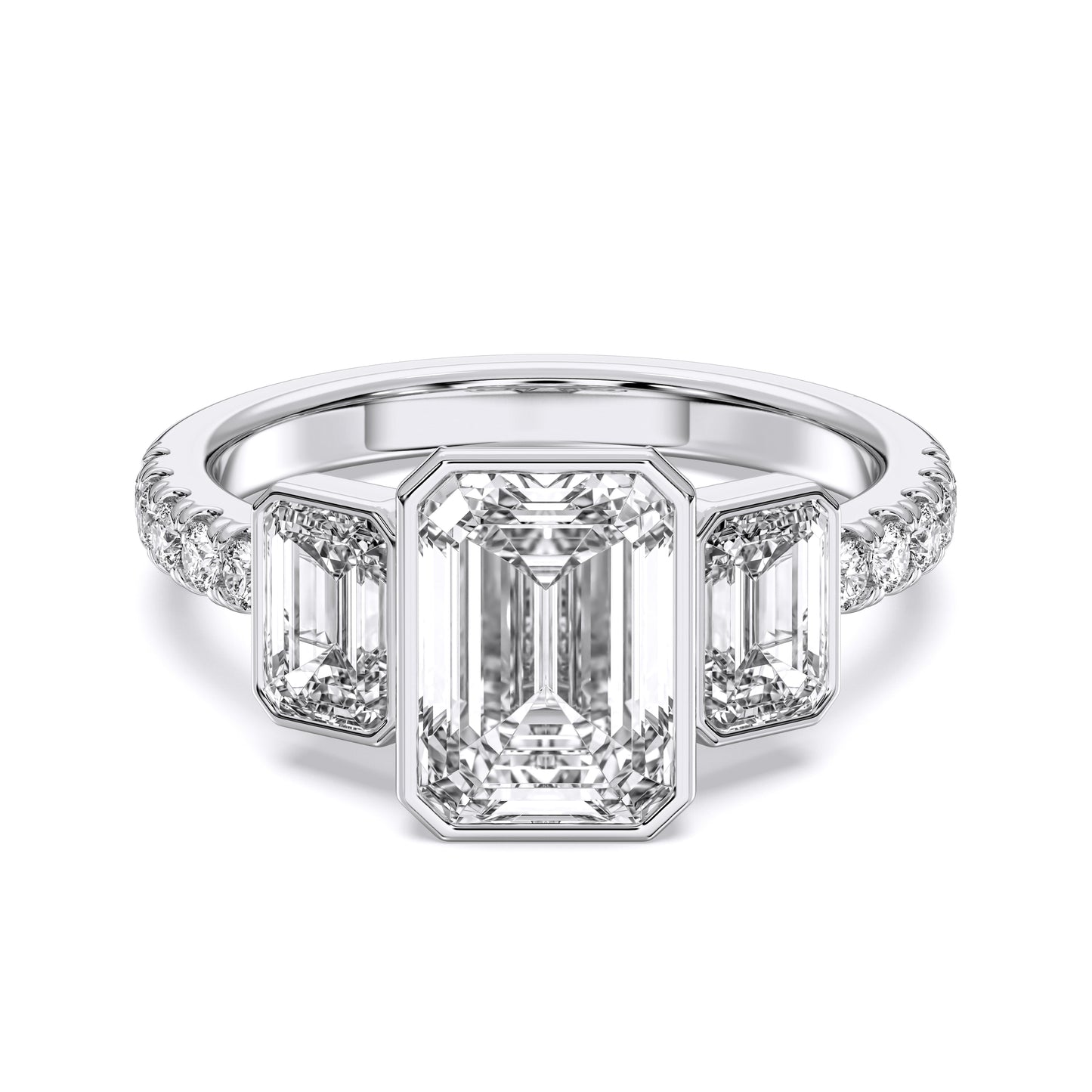 EMERALD 3 STONE BEZEL WITH SIDE STONE RING