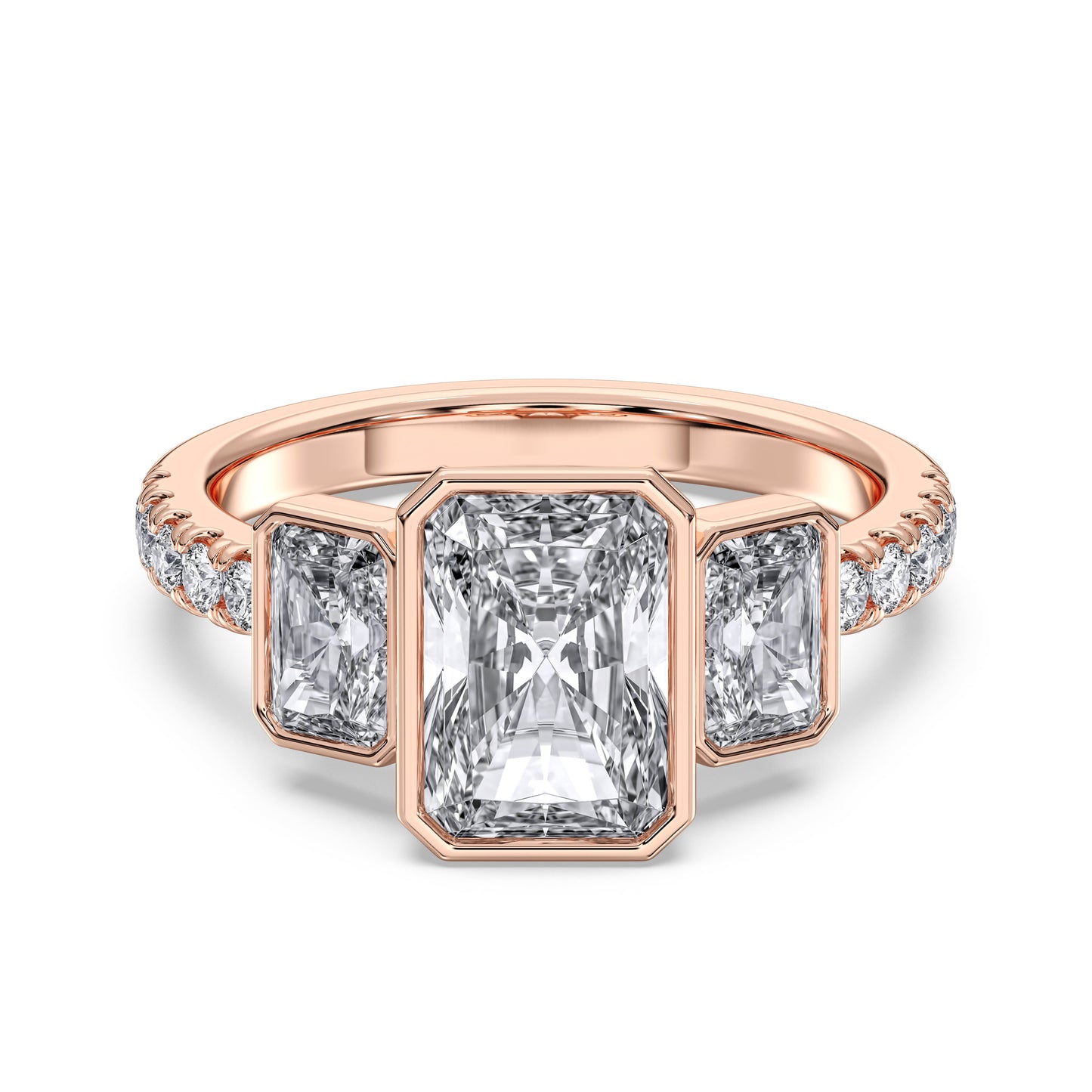 RADIANT 3 STONE BEZEL WITH SIDE STONE RING