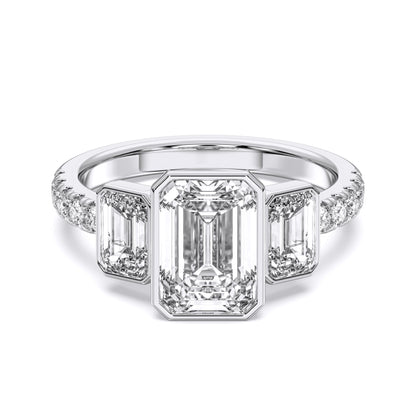 EMERALD 3 STONE BEZEL WITH SIDE STONE RING