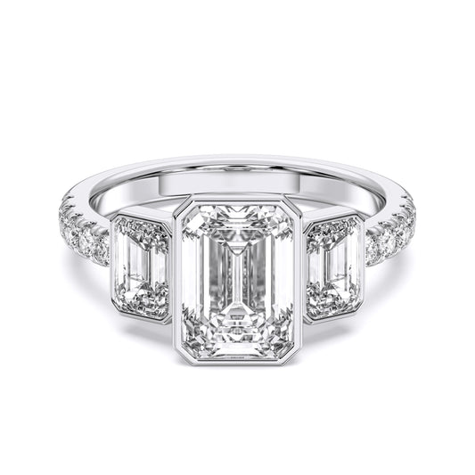 EMERALD 3 STONE BEZEL WITH SIDE STONE RING