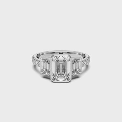 EMERALD 3 STONE BEZEL WITH SIDE STONE RING