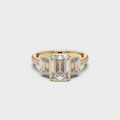EMERALD 3 STONE BEZEL WITH SIDE STONE RING